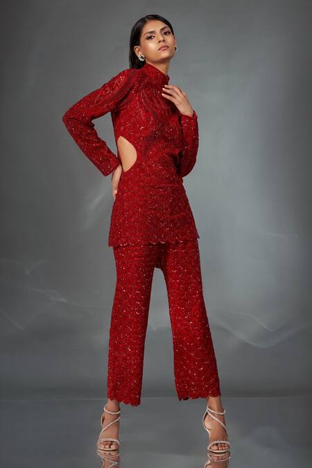Stotram_Red Top- Net Embroidery Sequins High Neck Scallop And Pant Set_Online_at_Aza_Fashions