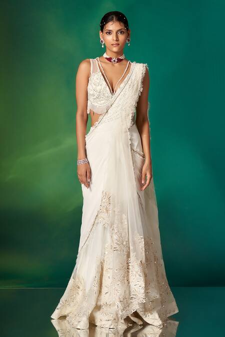 Stotram_Ivory Embroidery Sequins Plunge V Floral Pre-draped Saree With Blouse_Online_at_Aza_Fashions