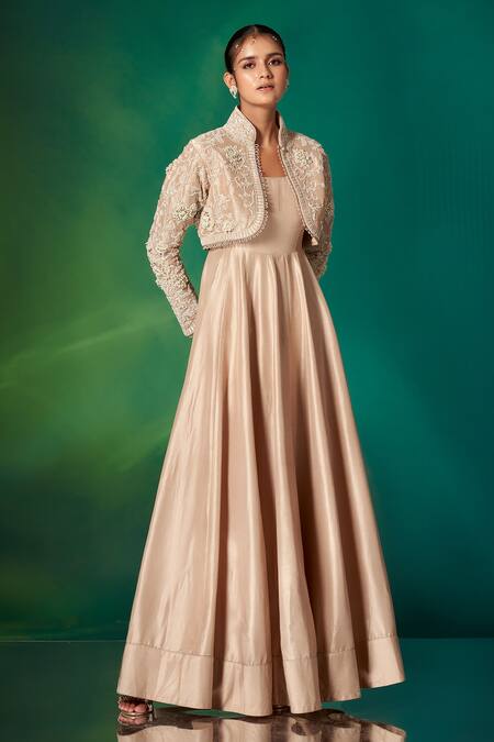 Buy_Stotram_Beige Jacket-tissue Organza Embroidery Sequins Dupioni Silk Anarkali With_Online_at_Aza_Fashions