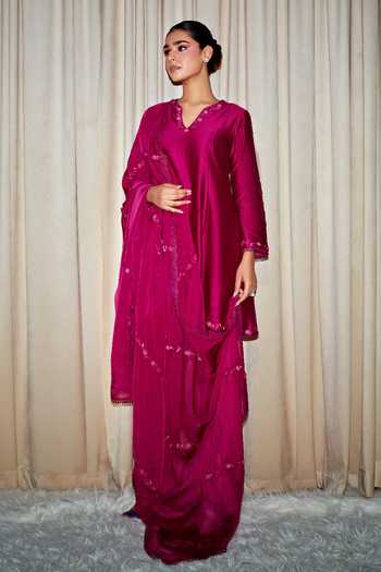 Dohr India_Purple Silk, Chanderi, Cotton, Organza Embroidery Inaya Kalidar Kurta Pant Set _Online_at_Aza_Fashions