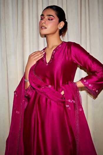 Buy_Dohr India_Purple Silk, Chanderi, Cotton, Organza Embroidery Inaya Kalidar Kurta Pant Set _Online_at_Aza_Fashions