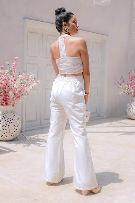Buy Monk & Mei By Sonia Anand White Georgette Embroidery Halter Neck, Collared Inayat Jacket Pant Set Online at Aza Fashions Buy_Monk & Mei By Sonia Anand_White Georgette Embroidery Halter Neck, Collared Inayat Jacket Pant Set _Online_at_Aza_Fashions