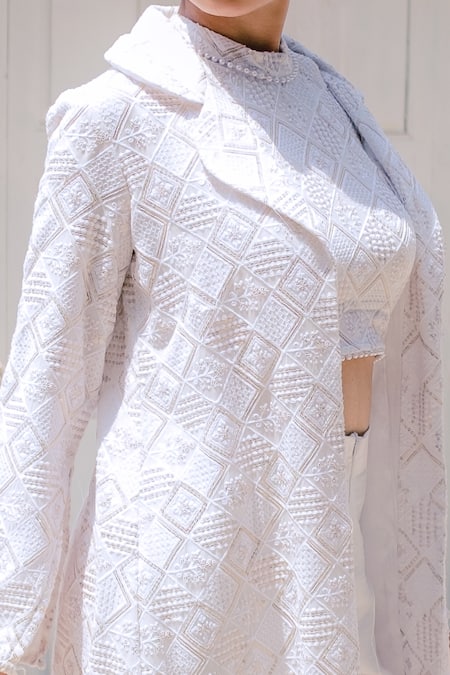 Shop Monk & Mei By Sonia Anand White Georgette Embroidery Halter Neck, Collared Inayat Jacket Pant Set Online at Aza Fashions Shop_Monk & Mei By Sonia Anand_White Georgette Embroidery Halter Neck, Collared Inayat Jacket Pant Set _Online_at_Aza_Fashions