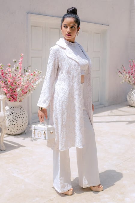 Monk & Mei By Sonia Anand White Georgette Embroidery Halter Neck, Collared Inayat Jacket Pant Set at Aza Fashions Monk & Mei By Sonia Anand_White Georgette Embroidery Halter Neck, Collared Inayat Jacket Pant Set _at_Aza_Fashions