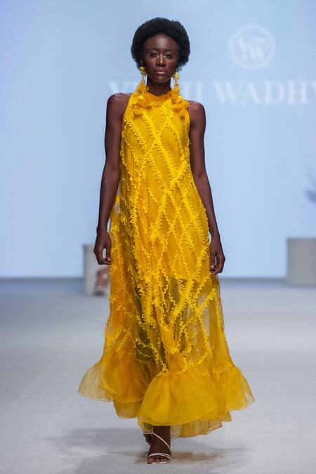 Vidhi Wadhwani Yellow Silk Organza Applique High Neck Irene Trapeze Gown Online at Aza Fashions Vidhi Wadhwani_Yellow Silk Organza Applique High Neck Irene Trapeze Gown _Online_at_Aza_Fashions