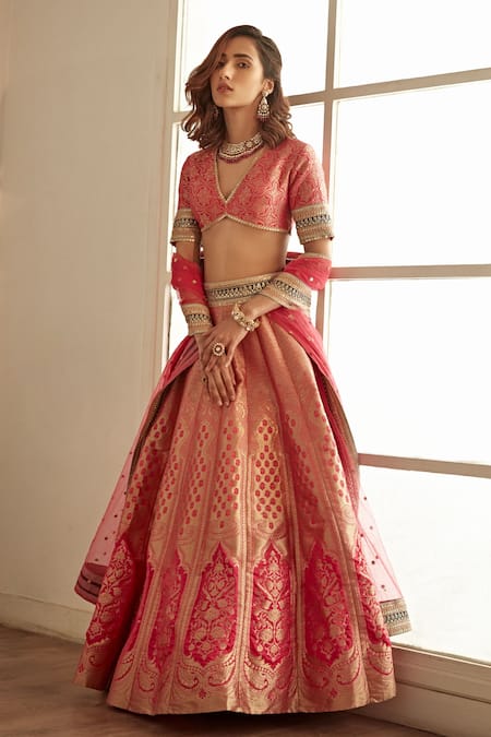 Studio Iris India Pink Silk, Net, Brocade Embroidery Plunge Neck Gulaal Banarasi Lehenga Set Online at Aza Fashions Studio Iris India_Pink Silk, Net, Brocade Embroidery Plunge Neck Gulaal Banarasi Lehenga Set _Online_at_Aza_Fashions