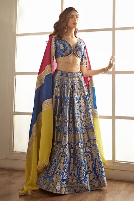 Studio Iris India_Blue Brocade, Silk, Crepe Isabella Floral Pattern Banarasi Lehenga Set _Online_at_Aza_Fashions