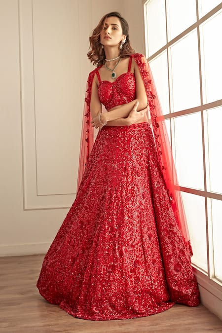 Studio Iris India Red Organza, Net Sequins Sweetheart Neck Anam Embroidered Bridal Lehenga Set Online at Aza Fashions Studio Iris India_Red Organza, Net Sequins Sweetheart Neck Anam Embroidered Bridal Lehenga Set _Online_at_Aza_Fashions