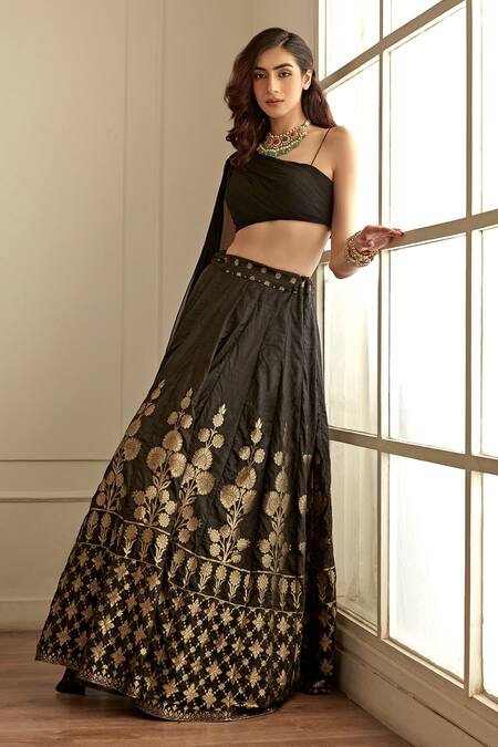Studio Iris India Black Crepe, Silk Embroidery One Shoulder Koel Blouse And Banarasi Skirt Set Online at Aza Fashions Studio Iris India_Black Crepe, Silk Embroidery One Shoulder Koel Blouse And Banarasi Skirt Set _Online_at_Aza_Fashions
