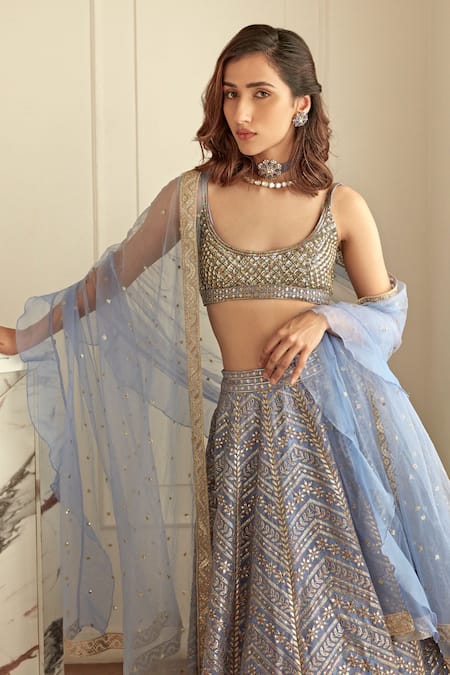 Buy_Studio Iris India_Purple Organza Sequins, Embroidery Scoop Gazal Floral Pattern Bridal Lehenga Set _Online_at_Aza_Fashions