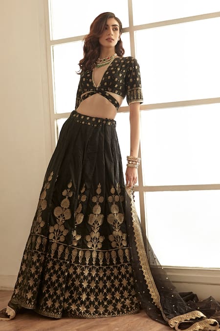 Studio Iris India_Black Brocade, Net, Silk Gota Patti Plunge Neck Siyahi Banarasi Lehenga Set _Online_at_Aza_Fashions