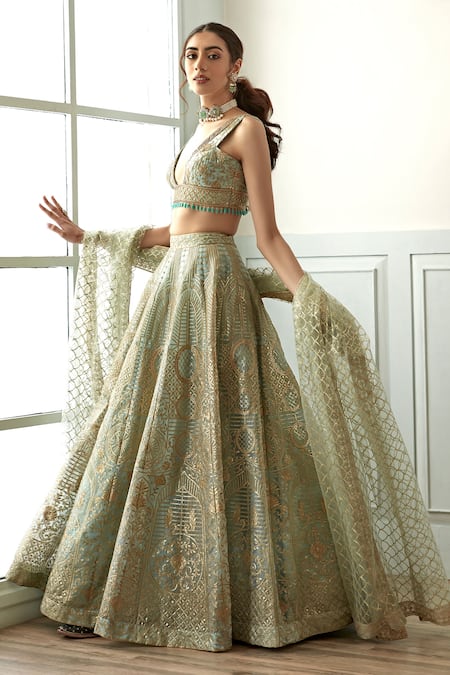 Studio Iris India_Blue Organza, Net Sequins, Embroidery Plunge Neck Floral Pattern Lehenga Set _Online_at_Aza_Fashions