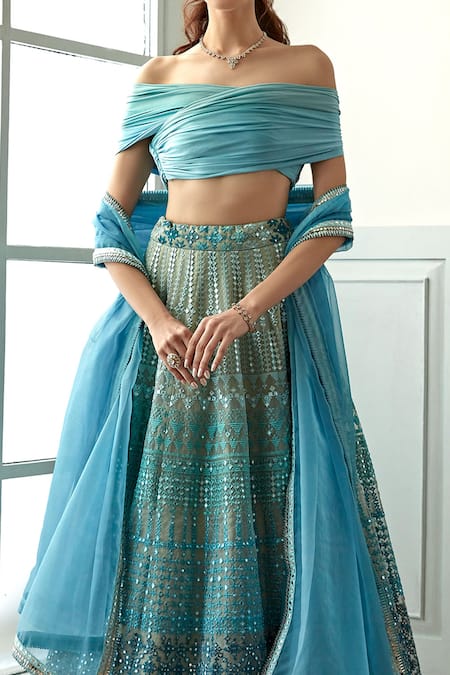 Studio Iris India_Blue Organza Embroidery, Mirrors One Ombre Thread And Foil Work Lehenga Set _at_Aza_Fashions