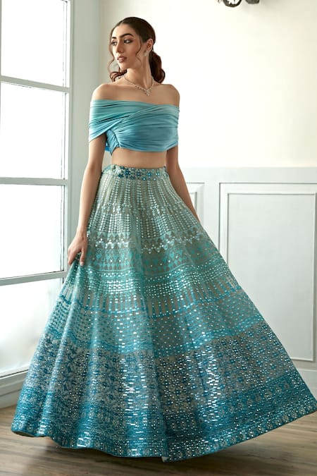 Shop_Studio Iris India_Blue Organza Embroidery, Mirrors One Ombre Thread And Foil Work Lehenga Set _Online_at_Aza_Fashions