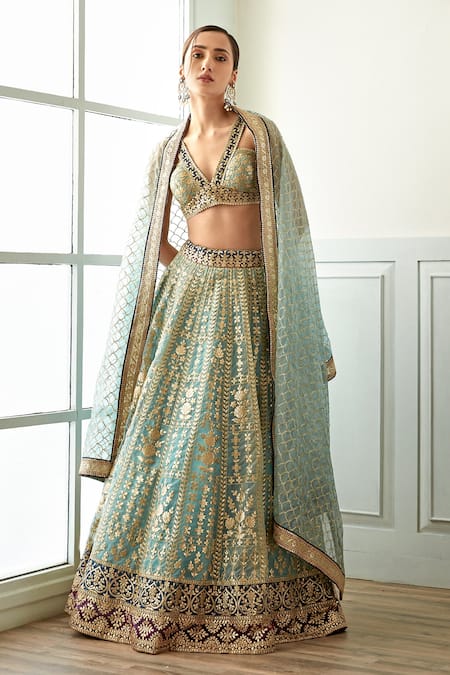 Studio Iris India Blue Organza Embroidery, Sequins Plunge Neck Morni Floral Pattern Lehenga Set Online at Aza Fashions Studio Iris India_Blue Organza Embroidery, Sequins Plunge Neck Morni Floral Pattern Lehenga Set _Online_at_Aza_Fashions