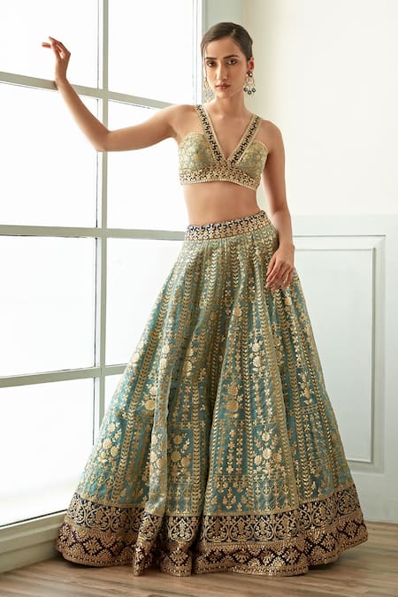 Buy Studio Iris India Blue Organza Embroidery, Sequins Plunge Neck Morni Floral Pattern Lehenga Set Online at Aza Fashions Buy_Studio Iris India_Blue Organza Embroidery, Sequins Plunge Neck Morni Floral Pattern Lehenga Set _Online_at_Aza_Fashions