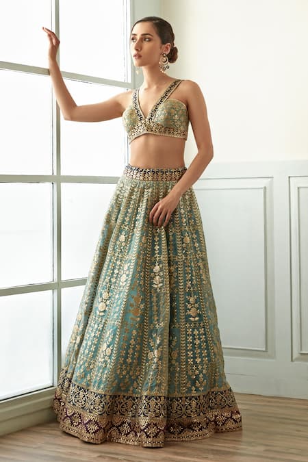 Shop Studio Iris India Blue Organza Embroidery, Sequins Plunge Neck Morni Floral Pattern Lehenga Set Online at Aza Fashions Shop_Studio Iris India_Blue Organza Embroidery, Sequins Plunge Neck Morni Floral Pattern Lehenga Set _Online_at_Aza_Fashions
