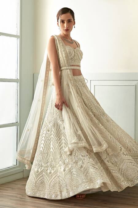 Buy_Studio Iris India_White Organza, Net Pearls, Mirrors Aziz Embroidered Bridal Lehenga Set_Online_at_Aza_Fashions
