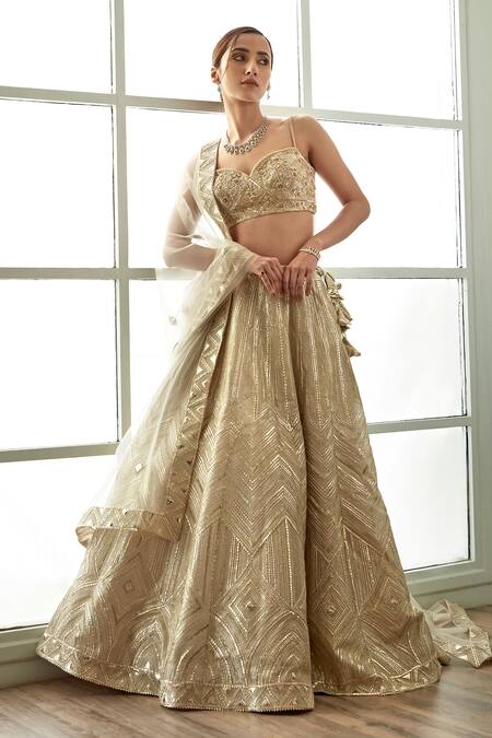 Studio Iris India_Gold Organza, Net Embroidery Serra Geometric Pattern Bridal Lehenga Set_Online_at_Aza_Fashions