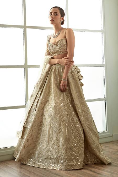 Buy_Studio Iris India_Gold Organza, Net Embroidery Serra Geometric Pattern Bridal Lehenga Set_Online_at_Aza_Fashions