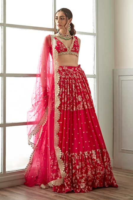 Studio Iris India_Pink Viscose Sequins Plunge Neck Afreen Floral Embroidered Bridal Lehenga Set _Online_at_Aza_Fashions