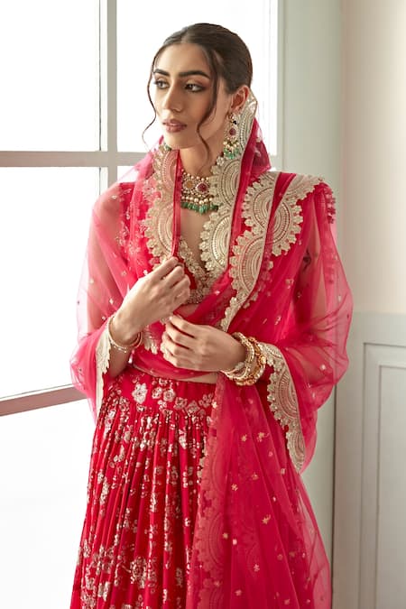 Buy_Studio Iris India_Pink Viscose Sequins Plunge Neck Afreen Floral Embroidered Bridal Lehenga Set _Online_at_Aza_Fashions