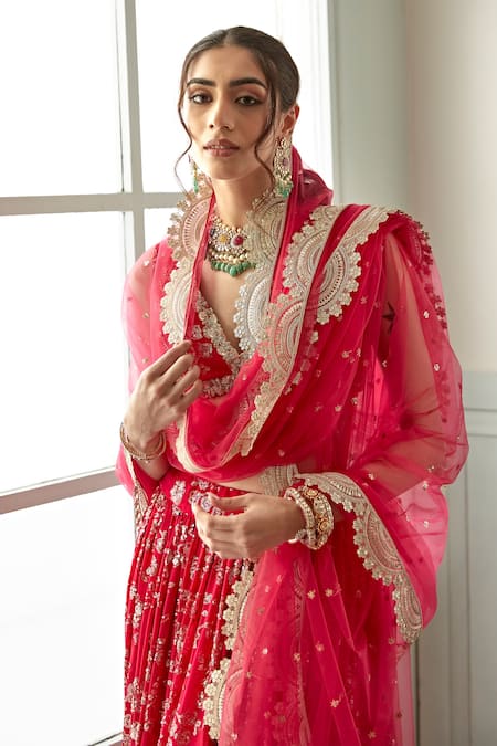 Shop_Studio Iris India_Pink Viscose Sequins Plunge Neck Afreen Floral Embroidered Bridal Lehenga Set _Online_at_Aza_Fashions