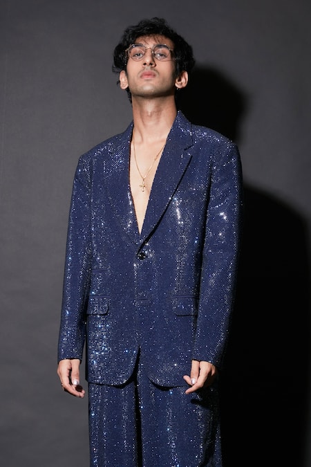 Itrh_Blue Polyester Crystals, Sequins Taliesin Blazer And Pant Set _Online_at_Aza_Fashions