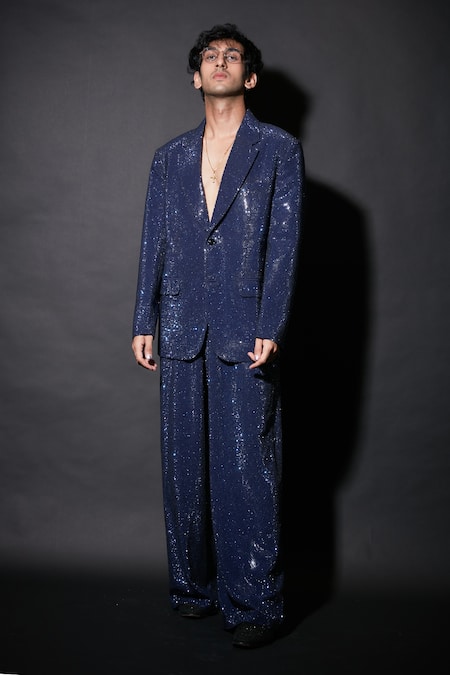 Buy_Itrh_Blue Polyester Crystals, Sequins Taliesin Blazer And Pant Set _Online_at_Aza_Fashions