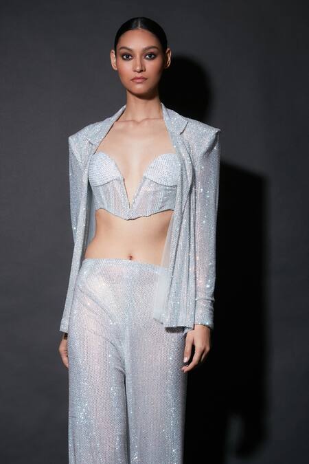 Itrh_Silver Net Embellished Crystal Notched Collar Leocadia Work Shirt And Pant Set_Online_at_Aza_Fashions