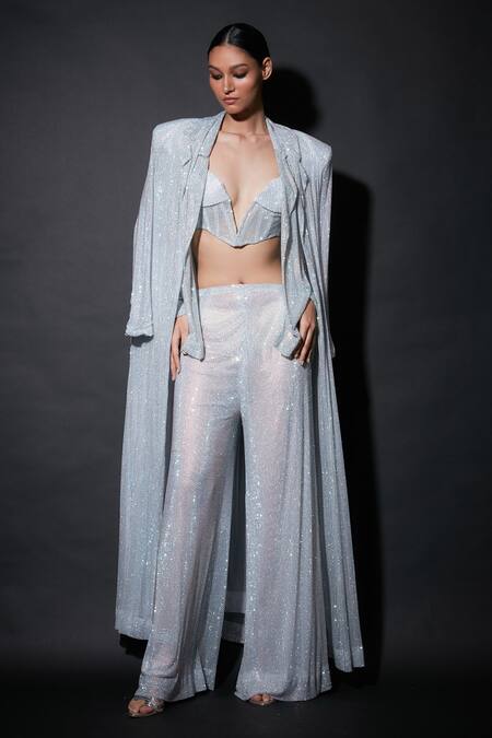 Itrh_Silver Net Embellished Crystal Notched Collar Leocadia Work Jacket And Pant Set_Online_at_Aza_Fashions