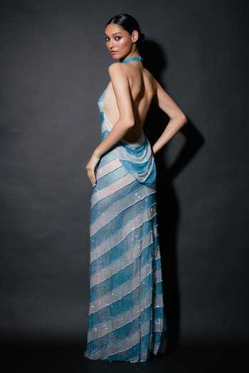 Buy_Itrh_Blue Net Embellished Crystal Turtle Neck Collar Charnelle Work High Slit Gown_Online_at_Aza_Fashions