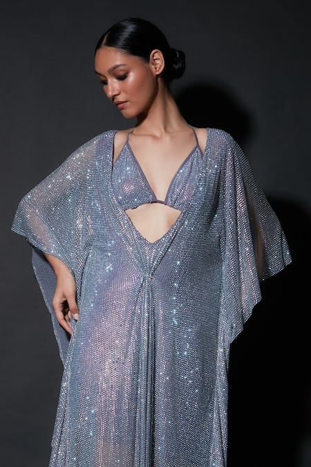 Itrh_Purple Net Embellishment Crystal V Neck Luxxybliss Kaftan With Bralette _Online_at_Aza_Fashions