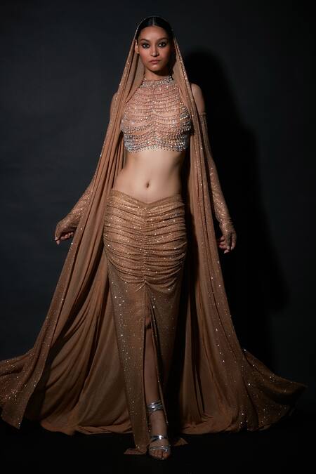 Itrh_Beige Net Crystals High Neck Oriana Attire Ruched Skirt Set With Head Cape _Online_at_Aza_Fashions