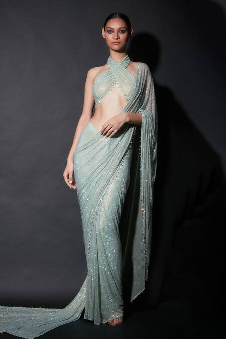 Itrh_Green Net Beads Halter Neck Lavish Lose Pre-draped Saree With Blouse _Online_at_Aza_Fashions