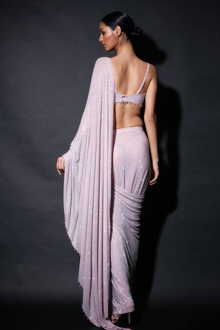 Buy_Itrh_Pink Net Beads Sweetheart Neck Flashy Fancy Pre-draped Saree With Corset Blouse _Online_at_Aza_Fashions