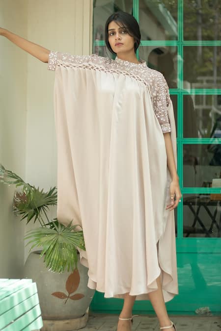 Buy_PIRI INDIA_Beige Organza, Silk Embroidery High Neck Hand And Smocked Tunic _Online_at_Aza_Fashions