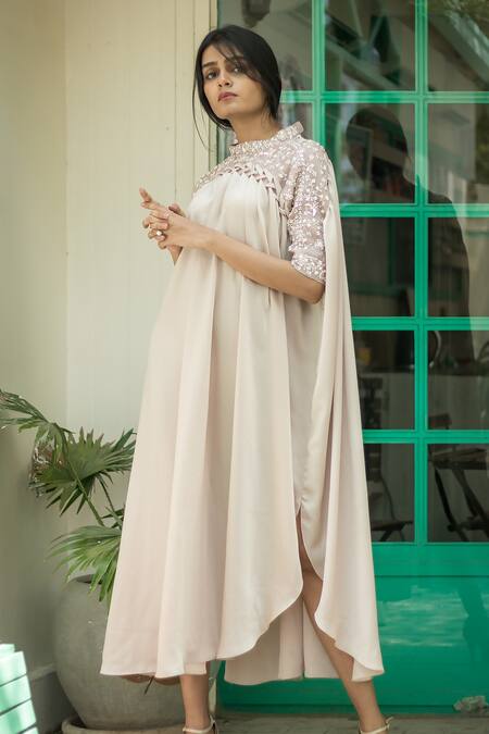 Shop_PIRI INDIA_Beige Organza, Silk Embroidery High Neck Hand And Smocked Tunic _Online_at_Aza_Fashions