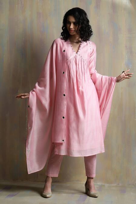 Charkhee_Purple Kurta And Dupatta Chanderi Embroidered Mirror Work V Pastel Pant Set _Online_at_Aza_Fashions