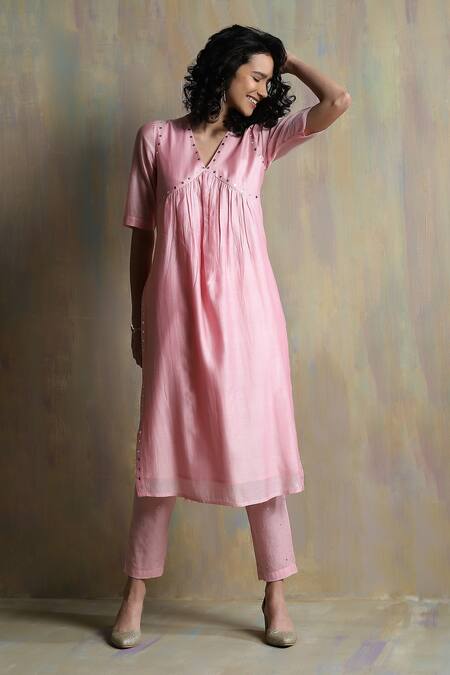 Shop_Charkhee_Purple Kurta And Dupatta Chanderi Embroidered Mirror Work V Pastel Pant Set _Online_at_Aza_Fashions