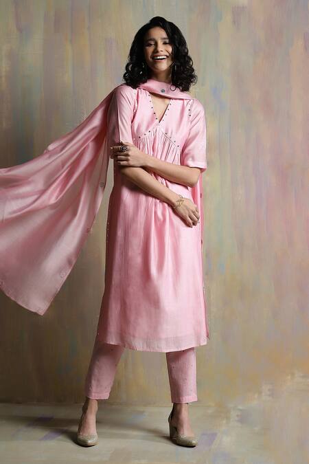 Charkhee_Purple Kurta And Dupatta Chanderi Embroidered Mirror Work V Pastel Pant Set _at_Aza_Fashions