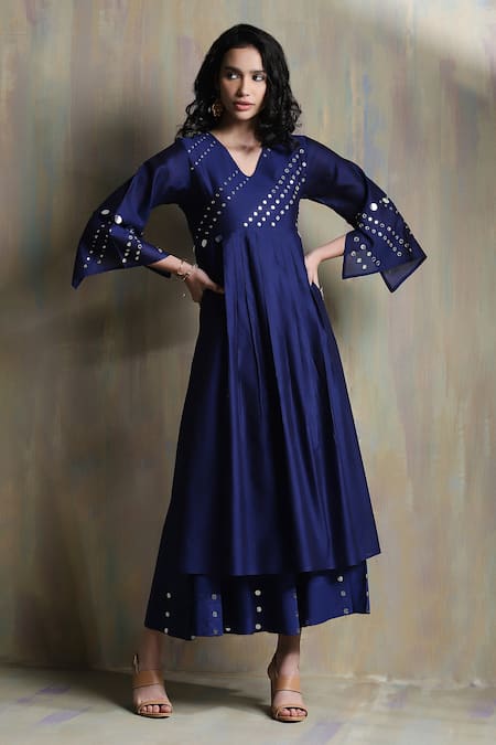 Charkhee_Blue Chanderi, Cotton Mirrors V-neck Embroidered Kurta Palazzo Set _Online_at_Aza_Fashions