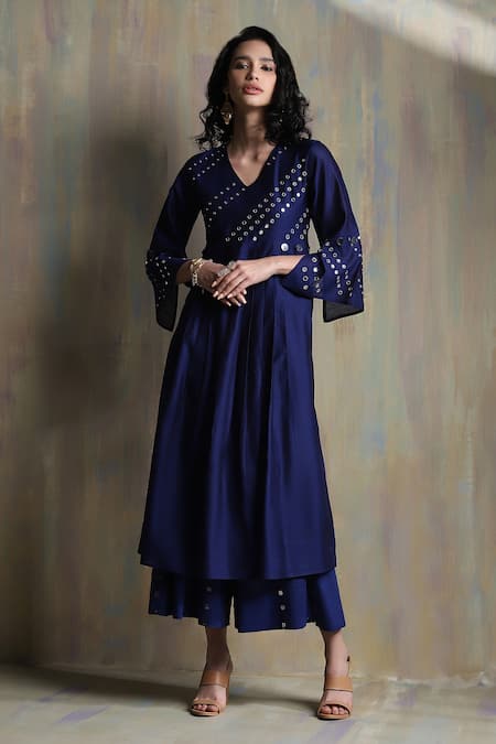 Buy_Charkhee_Blue Chanderi, Cotton Mirrors V-neck Embroidered Kurta Palazzo Set _Online_at_Aza_Fashions