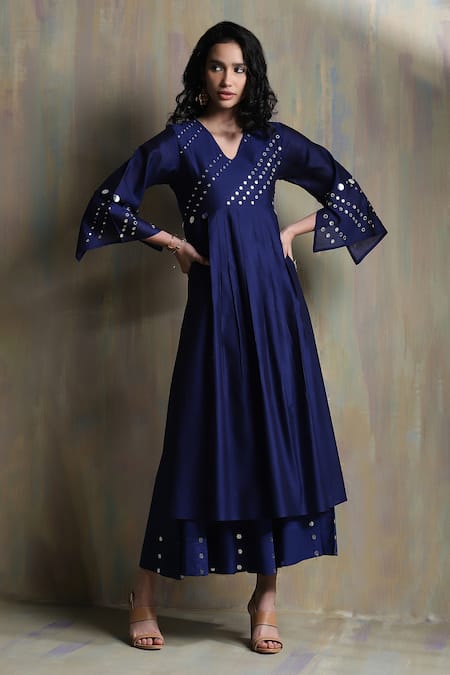 Shop_Charkhee_Blue Chanderi, Cotton Mirrors V-neck Work Kurta Palazzo Set _Online_at_Aza_Fashions