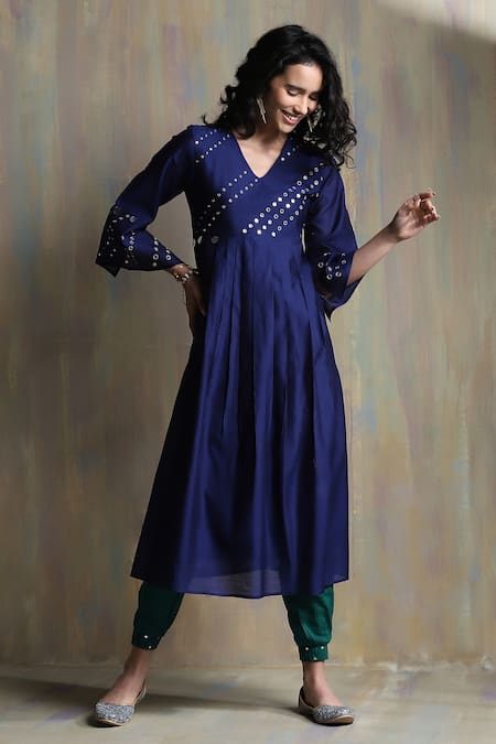 Buy_Charkhee_Blue Chanderi, Cotton Mirrors V-neck Work Kurta Joggers Set _Online_at_Aza_Fashions
