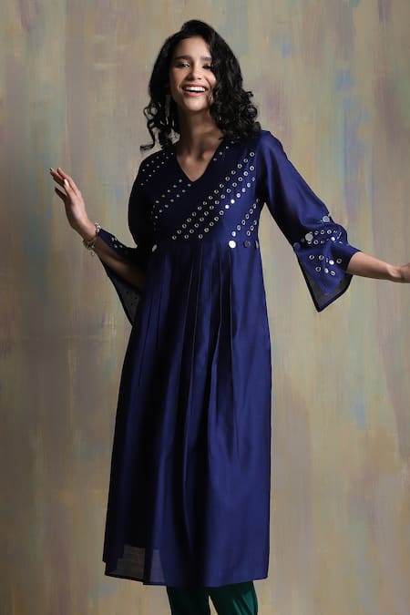 Shop_Charkhee_Blue Chanderi, Cotton Mirrors V-neck Work Kurta Joggers Set _Online_at_Aza_Fashions