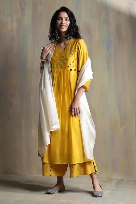 Shop_Charkhee_Yellow Chanderi, Cotton Mirrors V-neck Embroidered Bell Sleeve Kurta Set _Online_at_Aza_Fashions