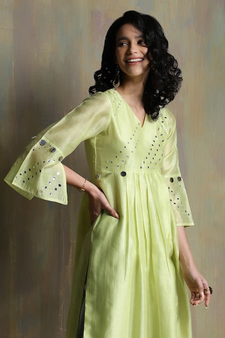 Buy_Charkhee_Yellow Chanderi, Cotton Mirrors V-neck Work Kurta Joggers Set _Online_at_Aza_Fashions