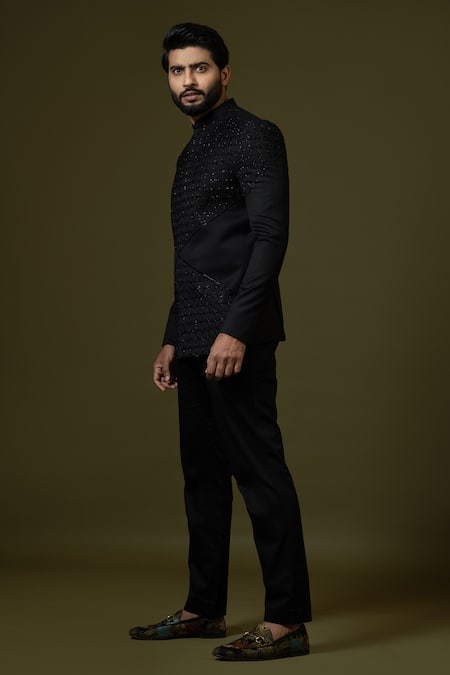 PAARSH Black Terrycloth, Cotton Embroidery Cut Dana Bandhagala Set Online at Aza Fashions PAARSH_Black Terrycloth, Cotton Embroidery Cut Dana Bandhagala Set _Online_at_Aza_Fashions