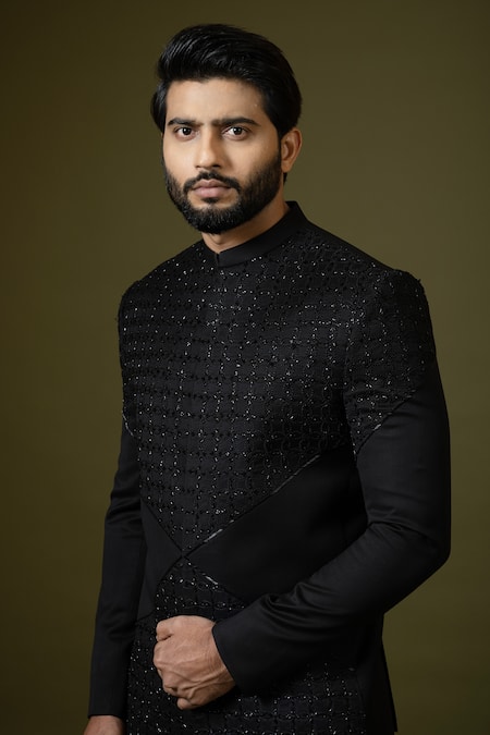 Shop PAARSH Black Terrycloth, Cotton Embroidery Cut Dana Bandhagala Set Online at Aza Fashions Shop_PAARSH_Black Terrycloth, Cotton Embroidery Cut Dana Bandhagala Set _Online_at_Aza_Fashions